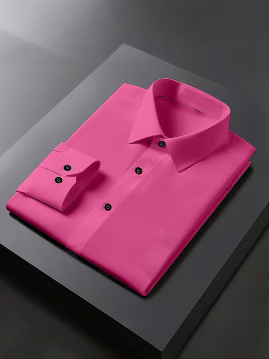 Men's Slim Fit Pocket Plain Collared Long Sleeve Shirt, Comfortable Fashion Fabric Design, Perfect for Parties & Festivals, Raspberry Cs7113