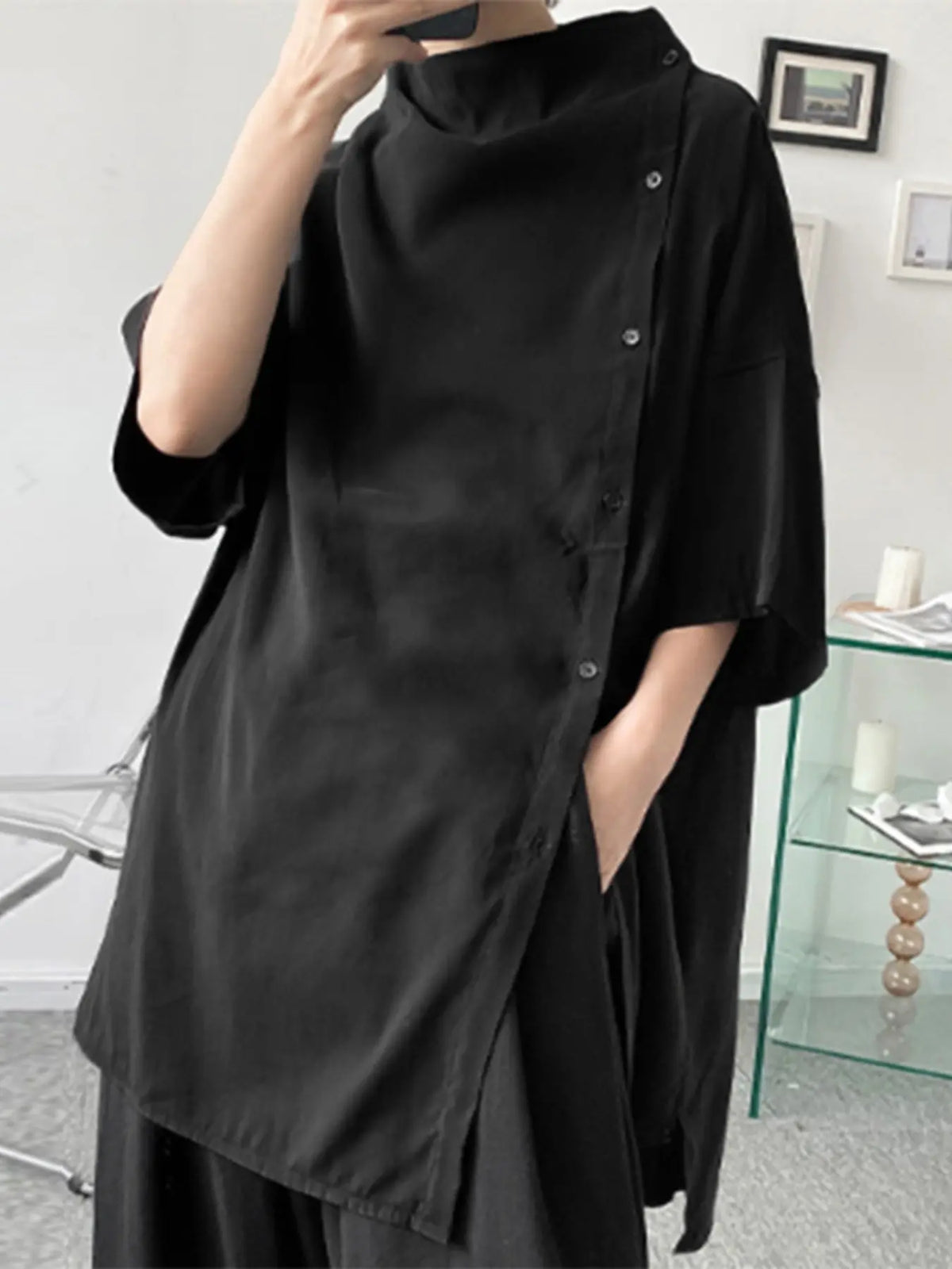 INCERUN Men's Fashion Solid Color Plain Long Casual Shirt, Half Sleeve Side Button Design, Transparent Shirt, Daily Wear, Fitted Style, Top