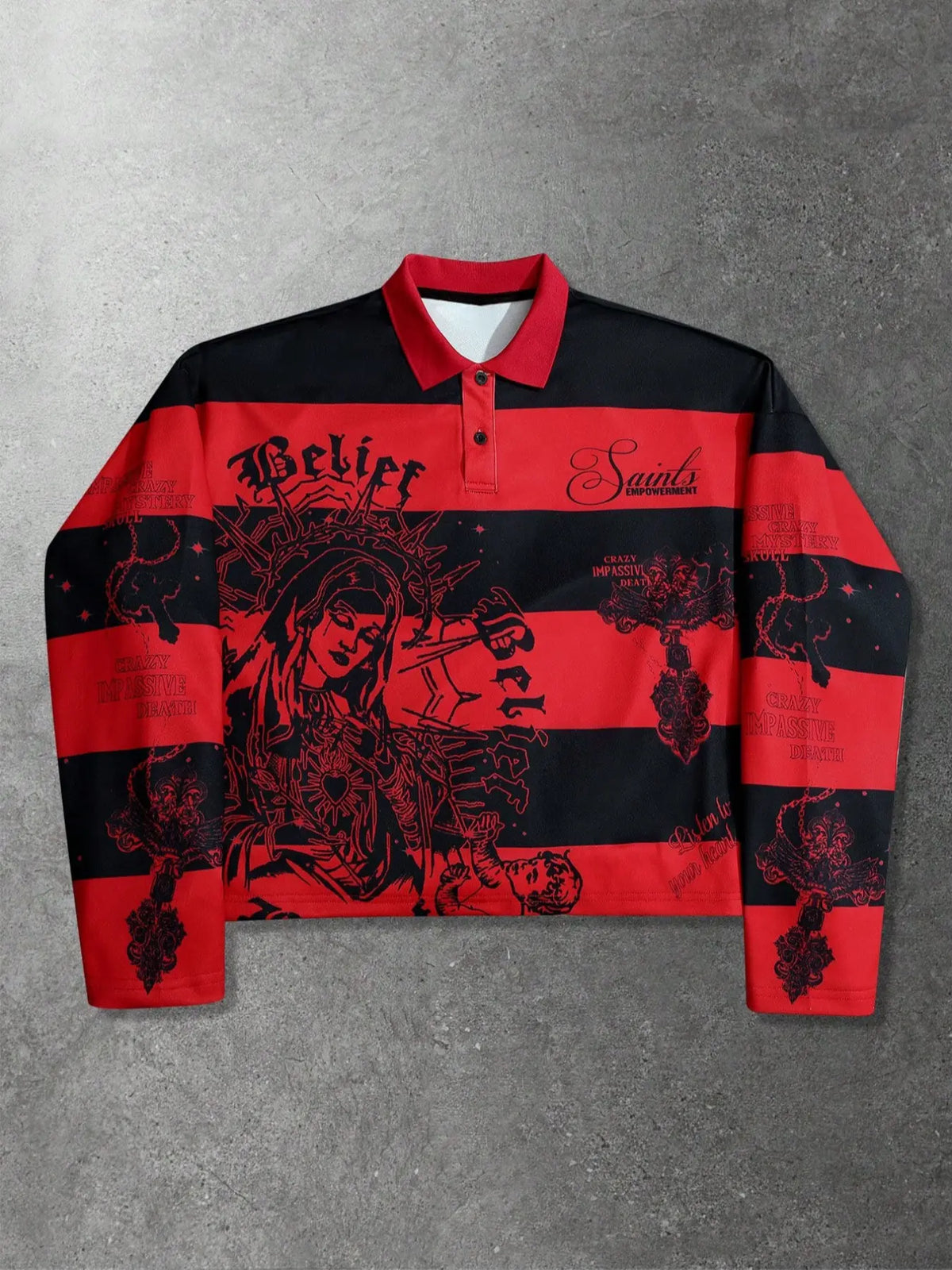 Men's Gothic Striped Fitted Collared Polo Shirt, & Stripes, Belief Saints Ethnic Cultural Graphic Prints, Long Sleeve, Streetwear Casual Style, Menswear, Fall Winter, Shirts Men