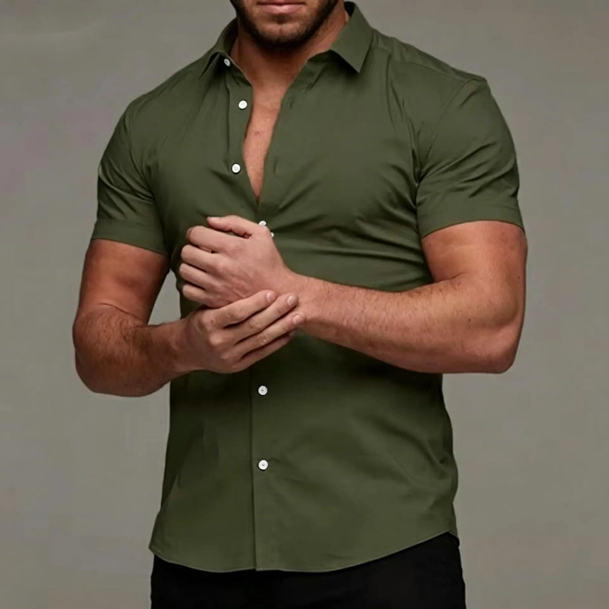 Men's Muscle Fit Short-Sleeve Collared Neck Dress Shirt - Plain, Wrinkle-Free Retro Tribal Button-Down Top, Casual Menswear Cardigan-Inspired Shirt