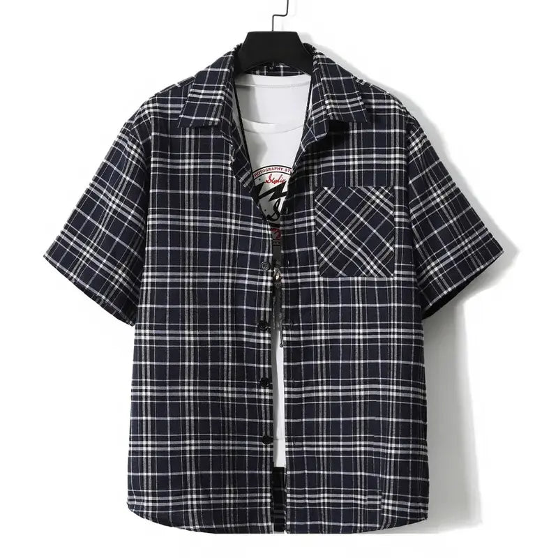 Men’s casual plaid short-sleeve shirt, 1 piece pack, button front, notched collar, chest pocket, versatile for spring/summer