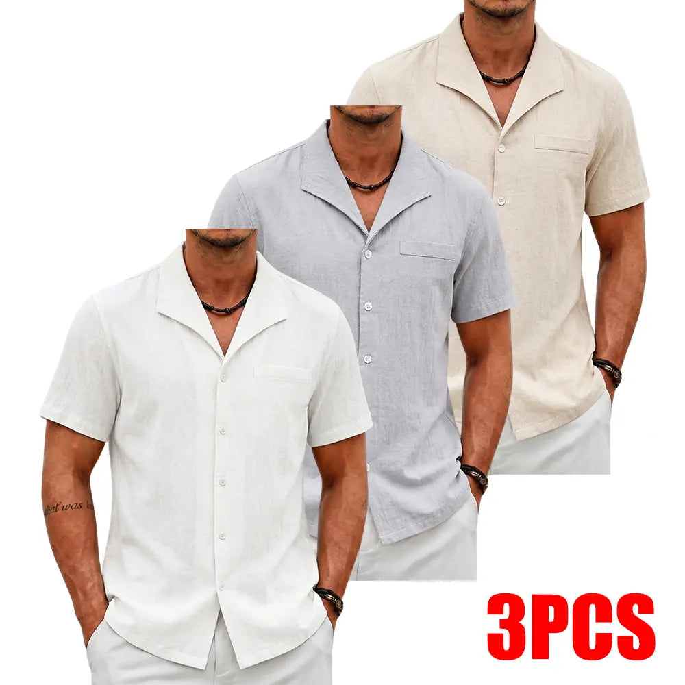 Men's 3-Pack Classic Cuban Collar Shortsleeve Shirts, Linen Blend Button Up Design Casual Button Front Tops, Breathable Casual Style for Daily & Beach Wear