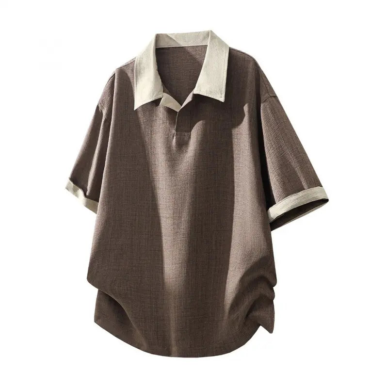 Men's Textured Weave Polo Shirt - Short Sleeve, Loose-Fitting, Breathable Half-Button Top with Contrast Spliced Lapel for Business Casual Wear
