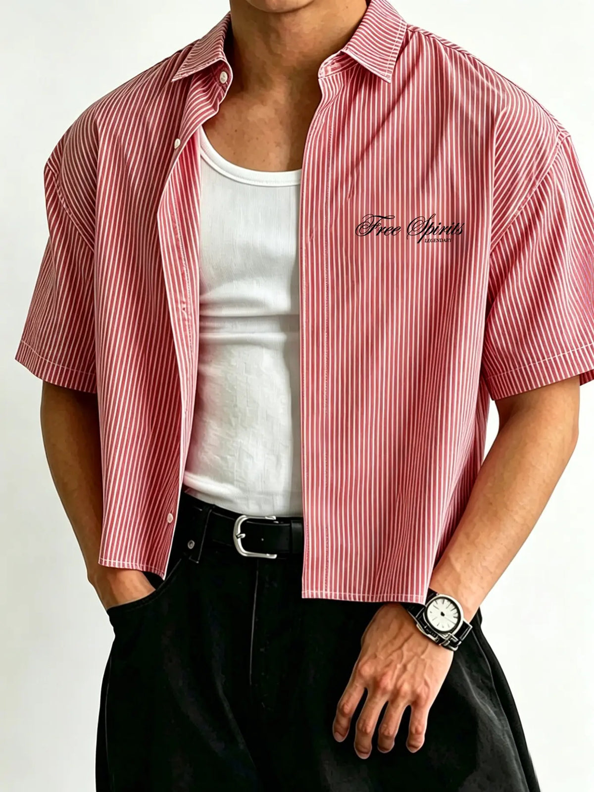 Men's Y2K pink striped short cropped short-sleeve shirt, casual loose lapel button-up top, Casual collared shirt, Classic Streetwear summer shirt, Casual Street Style, striped T-shirt for everyday wear, casual summer clothes, Menswear
