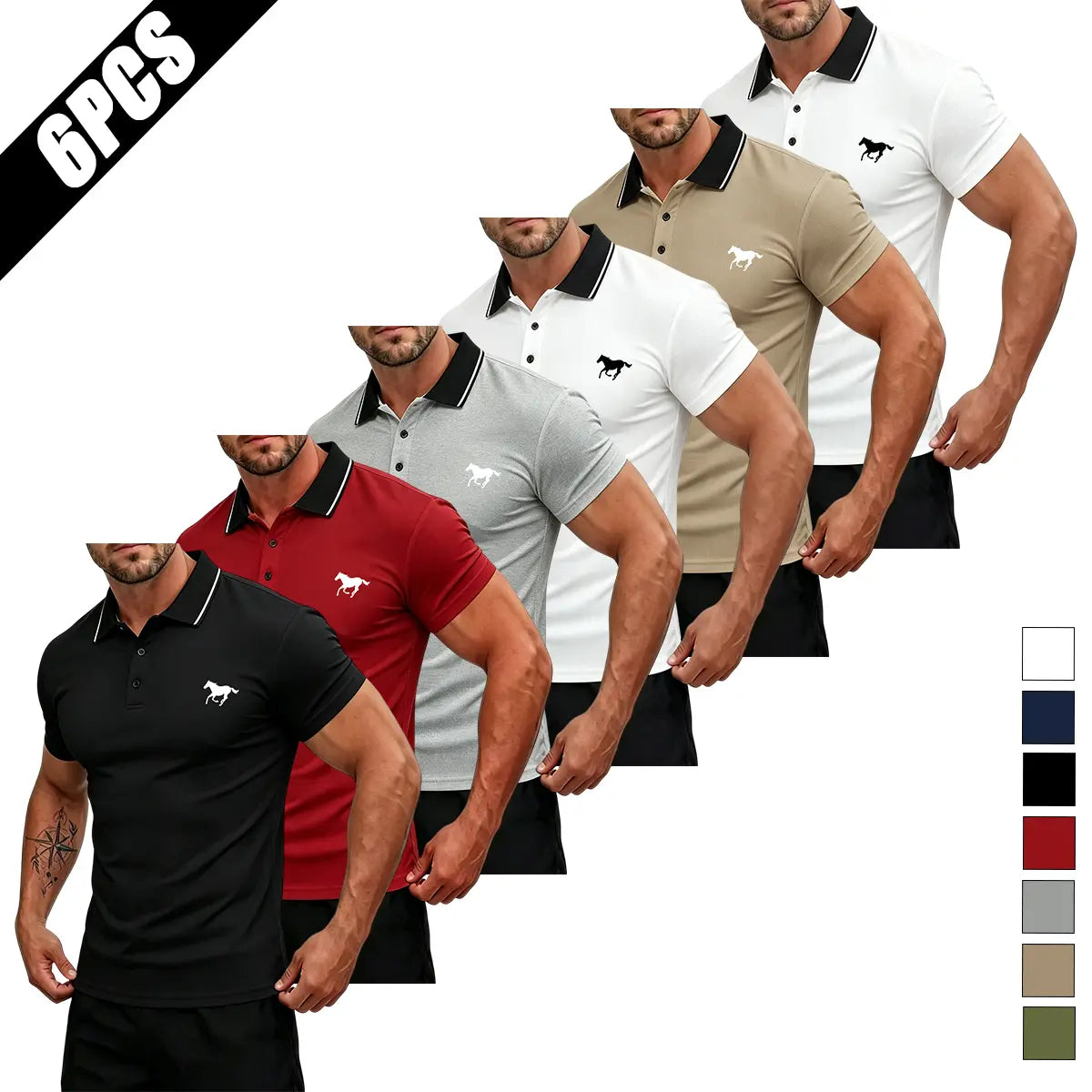 Men's Summer Short-Sleeve Horse Logo Graphic Mix Print Polo Shirt Multi-Pack - Stylish Mature Top for Casual Outings, Gifting, Horse Logo Graphic Polo Shirts, Mix Print Polo Shirts,back to school,back to school shopping