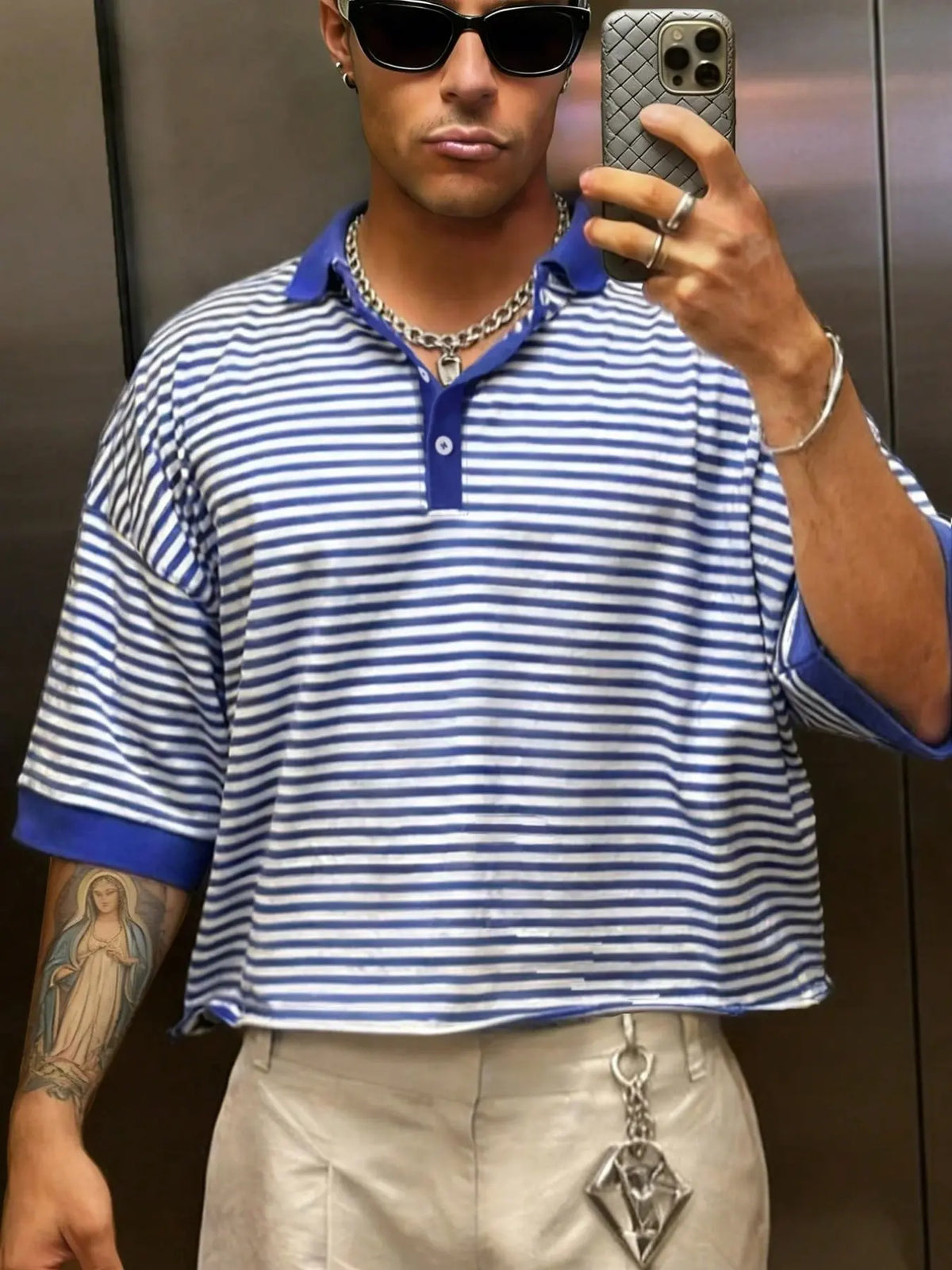 1 Pack Men's Cropped Oversized American Buttoned Polo Shirt Blue White Striped Striped Polo Neck Loose Fit Casual Preppy Fashion Short Sleeve Polo Top for Men Summer Daily Street Commute Wear