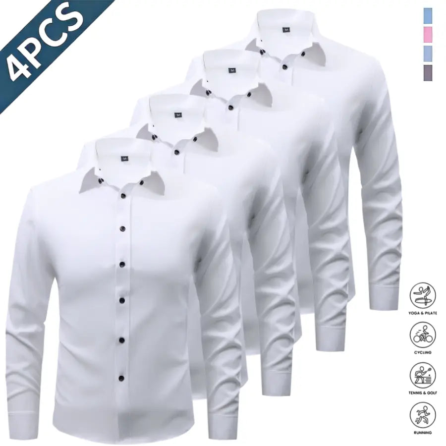 Men’s Solid-Color Long-Sleeve Shirts (4-Pack) - Fashion Apparel with Notched Lapel Collar, Comfortable Neck Button Placement, Sharp Structured Fit, Stretch Fabric, Mens Gifts for Fathers Day, 4 Shirts Refresh Your Rotation
