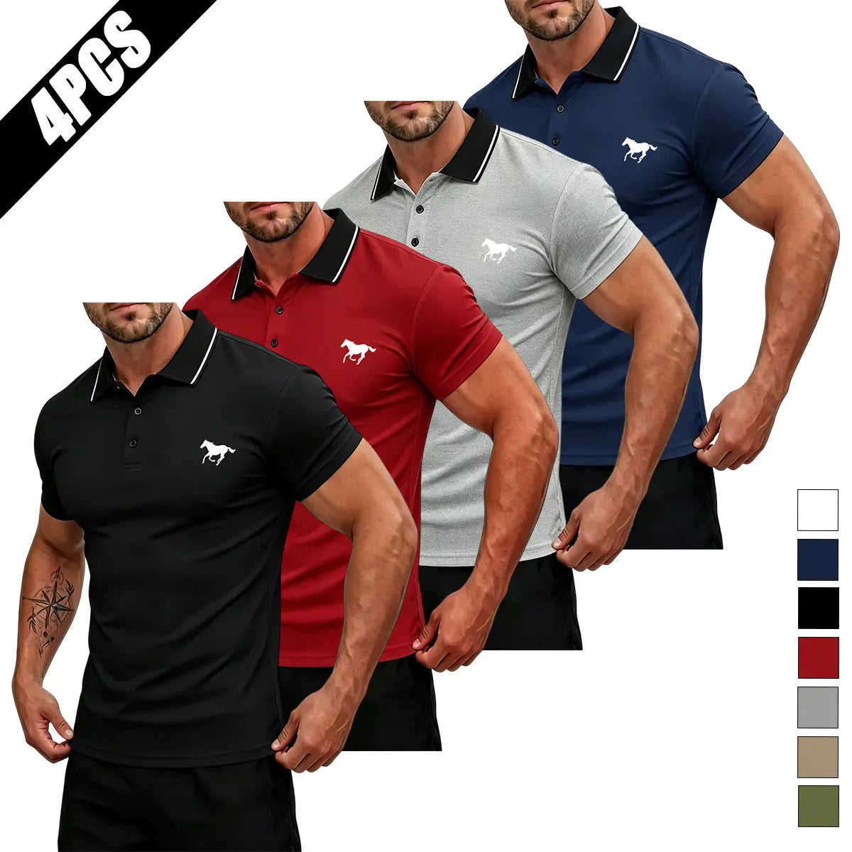 Men's Summer Short-Sleeve Horse Logo Graphic Mix Print Polo Shirt Multi-Pack - Stylish Mature Top for Casual Outings, Gifting, Horse Logo Graphic Polo Shirts, Mix Print Polo Shirts,back to school,back to school shopping