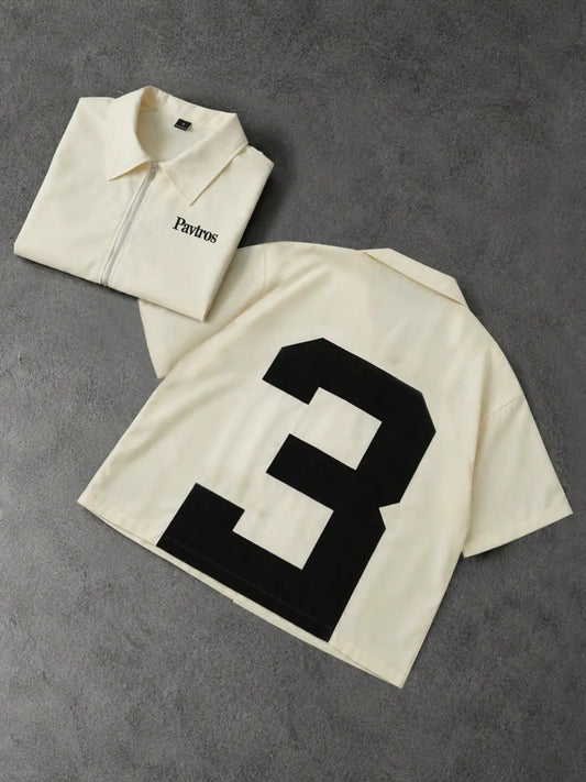 Men's Short Zip-up Lapel Short-Sleeve Shirt, Casual, with Pavtros Letter Print on the Chest and a Large Number 3 Graphic on the Back, featuring vintage 90s streetwear style Vibe, lightweight, breathable, loose silhouette, ideal for summer skat