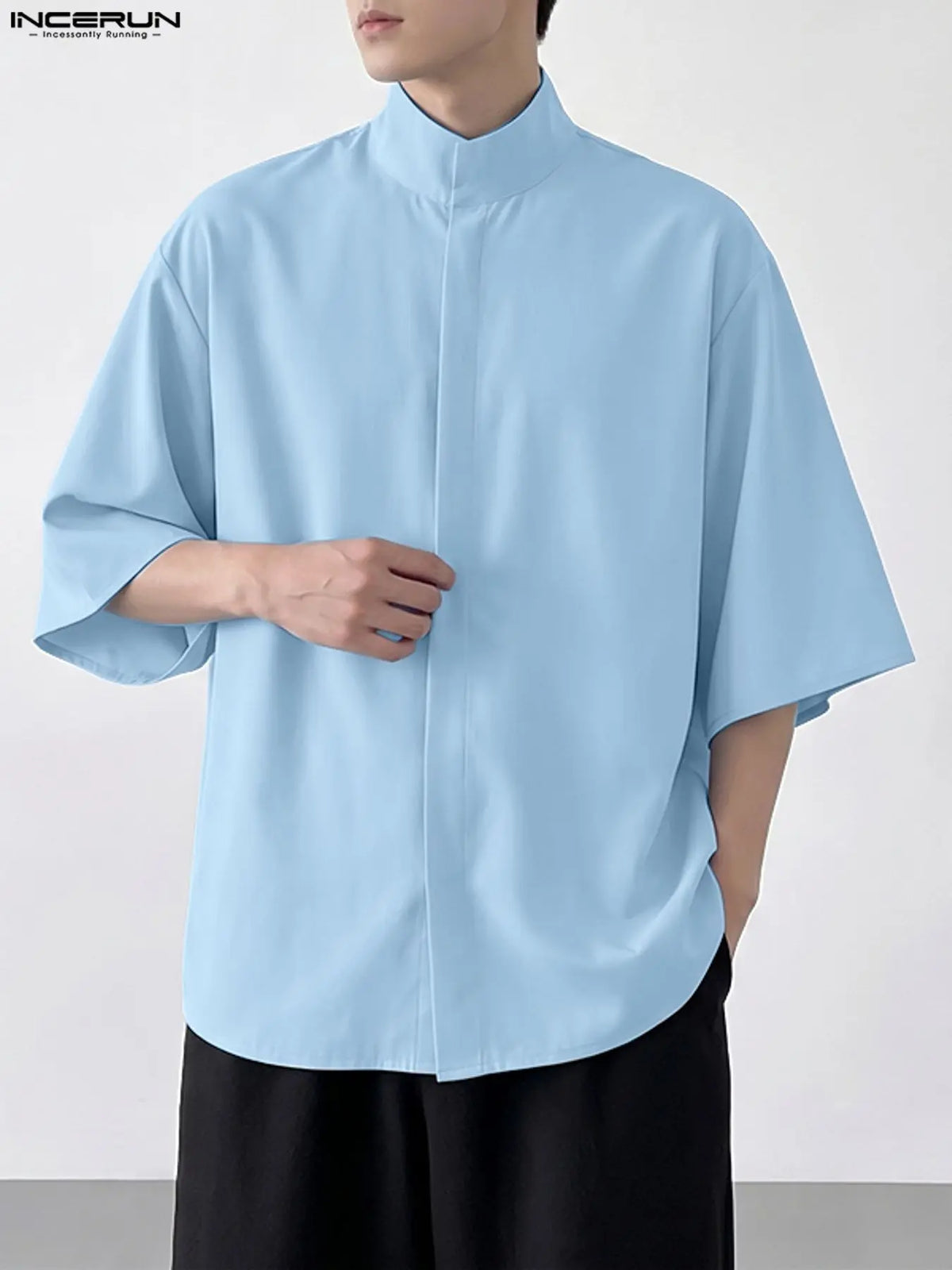 INCERUN Men's Plain Half Sleeve Hoodie, Casual Loose-Fitting Long Shirt, H Type Silhouette, Perfect for Early Autumn Fashion