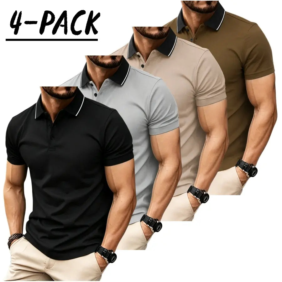 Men’s short sleeve polo shirt set of four pieces with a turn down collar and three buttons; urban casual style with contrast piping at the collar, slim tailored shoulders, and refined bead detailing. Suitable for men’s commuting, shopping, and exploring s