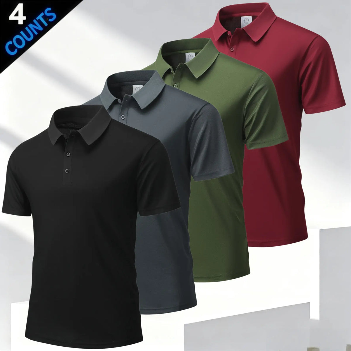 Men's 4 Plain Short-Sleeve Smart Casual Polo Shirts Top, Business Style with Classic Turn-Down Collar, Refined Buttons, Breathable Skin-Friendly Mesh Fabric, Versatile Multi-Season Fit