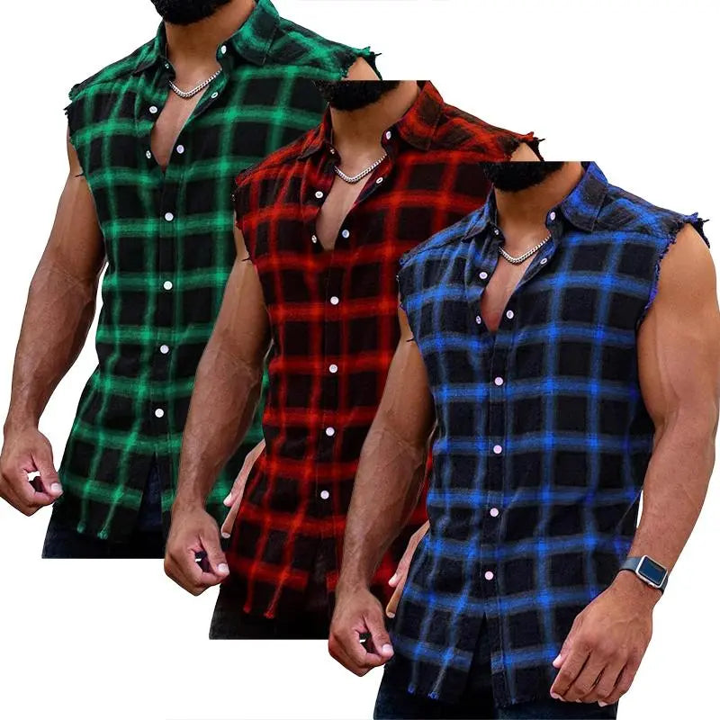 PASLTER Men's Cooler Sleeveless Checked Plaid Front Style Cotton Casual Fashion Shirt, Button-Down Cowboy Vest Top, Men's Clothing B1Y009,clothes for back to school,first day of school outfits