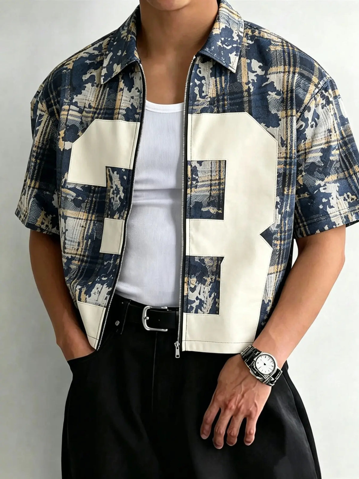 Short Cropped Lapel Short Sleeve Zipper Shirt, Clean Fit Streetwear, Y2K Style, Casual Daily Wear, Music Festival, Collared Fitted Shirt