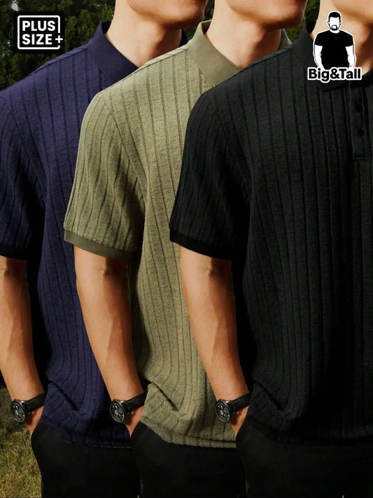 【Plus Size】Men's Plus Size Solid Rib-Knit Casual Polo Shirt, Plain Collar Shirt, Formal, Short Sleeve, Summer, Collared Polo Shirt, Plain Polo Shirts, Summer Polos