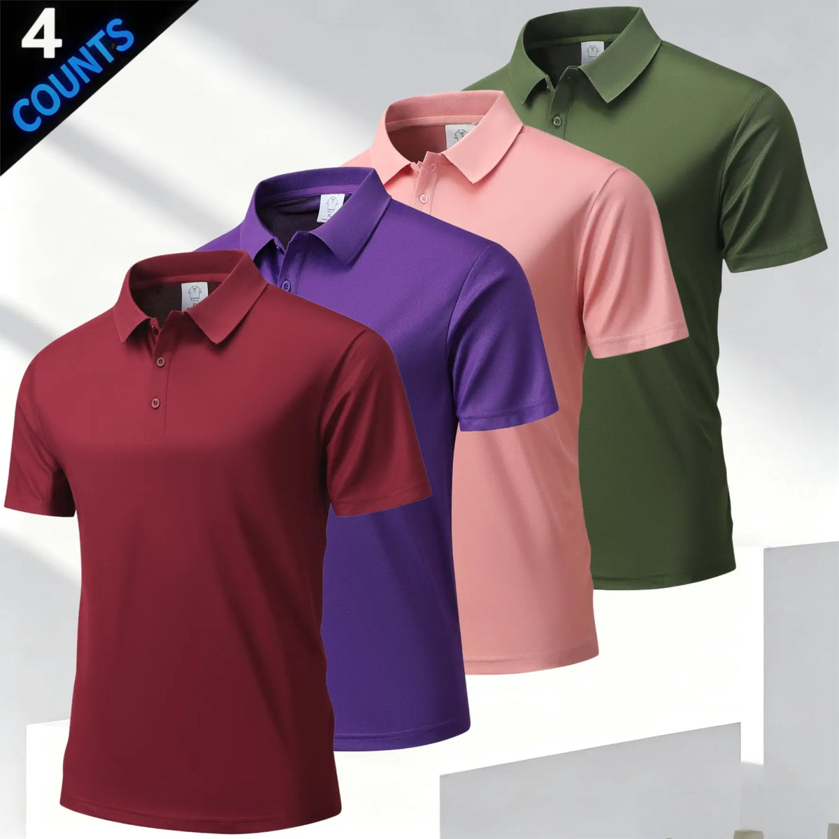 Men's 4 Plain Short-Sleeve Smart Casual Polo Shirts Top, Business Style with Classic Turn-Down Collar, Refined Buttons, Breathable Skin-Friendly Mesh Fabric, Versatile Multi-Season Fit