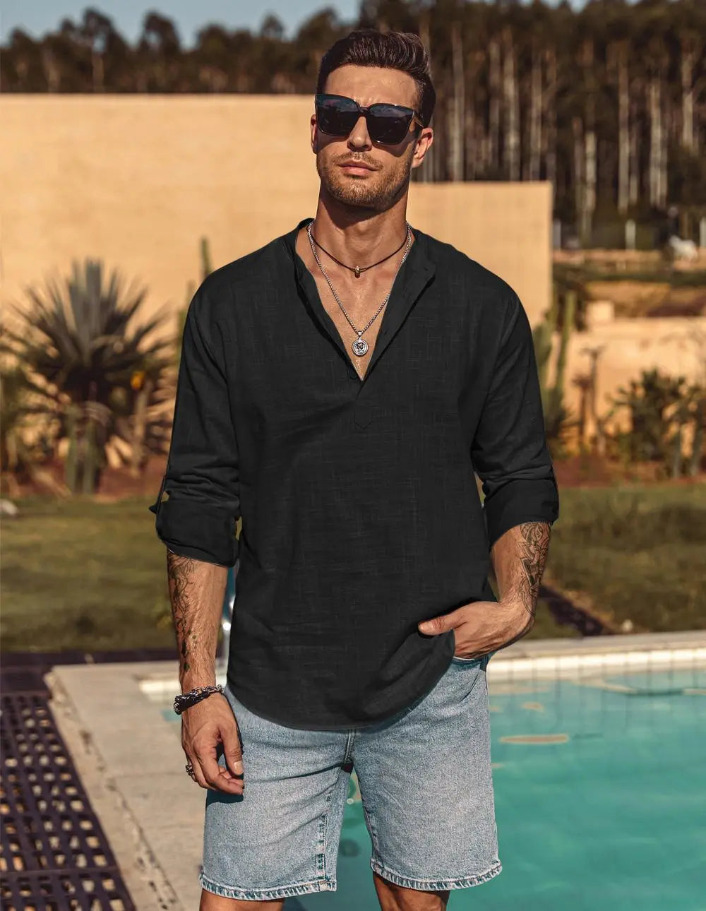 COOFANDY Week Men's Cotton Linen Henley Shirt Long Sleeve Hippie Casual Beach T Shirts Menswear Soft Beach Wear Breathable Vneck Fashion Lightweight Stylish Slim Fit（runs small ）
