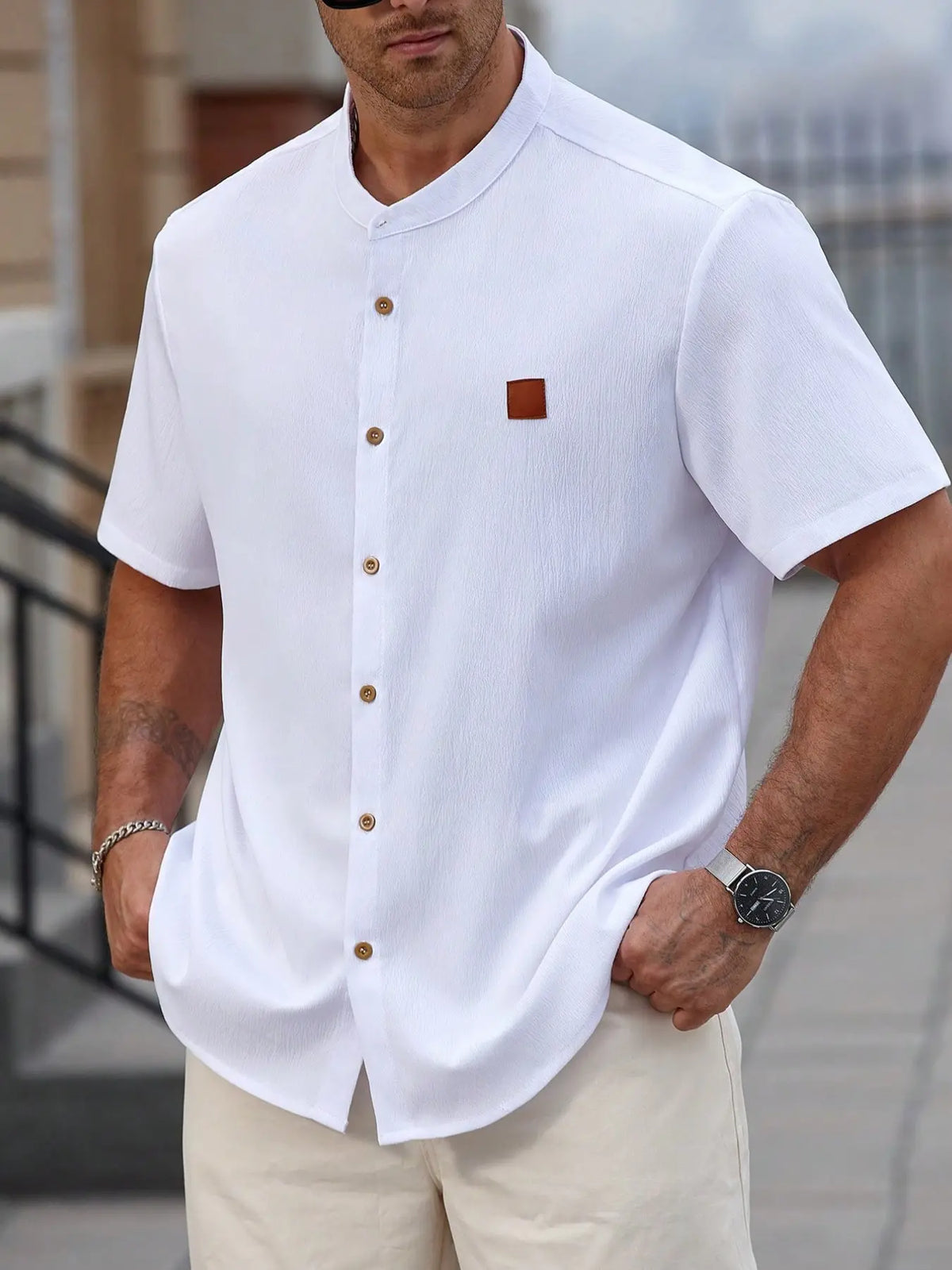 3-Pack Plus Size Men's Stand Collar Short Sleeve Casual Shirts, Casual Collared Shirt, Summer Textured Button-Up Tops, Comfortable Daily Wear Vacation Shirts