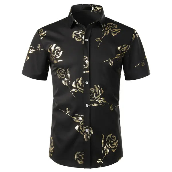 ZEROYAA Mens Hipster Gold Rose Printed Slim Fit Short Sleeve Button Down Dress Shirts Casual Summer Style Casual Fashion,back to school,back to school shopping
