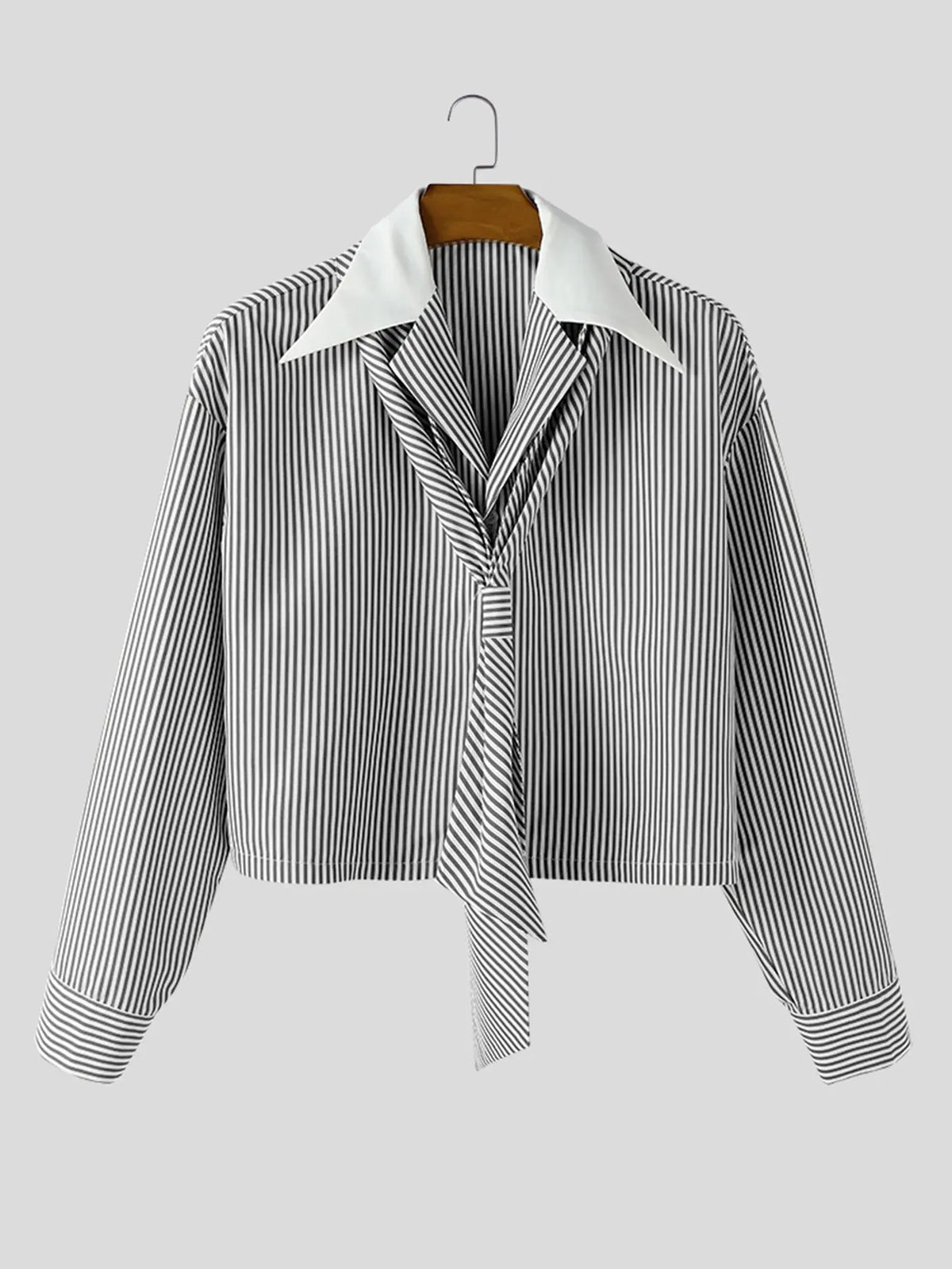 INCERUN Men's Striped Contrast Lapel Collared Long Sleeve Short Shirt, Menswear, Perfect for Daily Wear, Stylish and Comfortable, Ideal for Casual, Casual Stylish Clothing