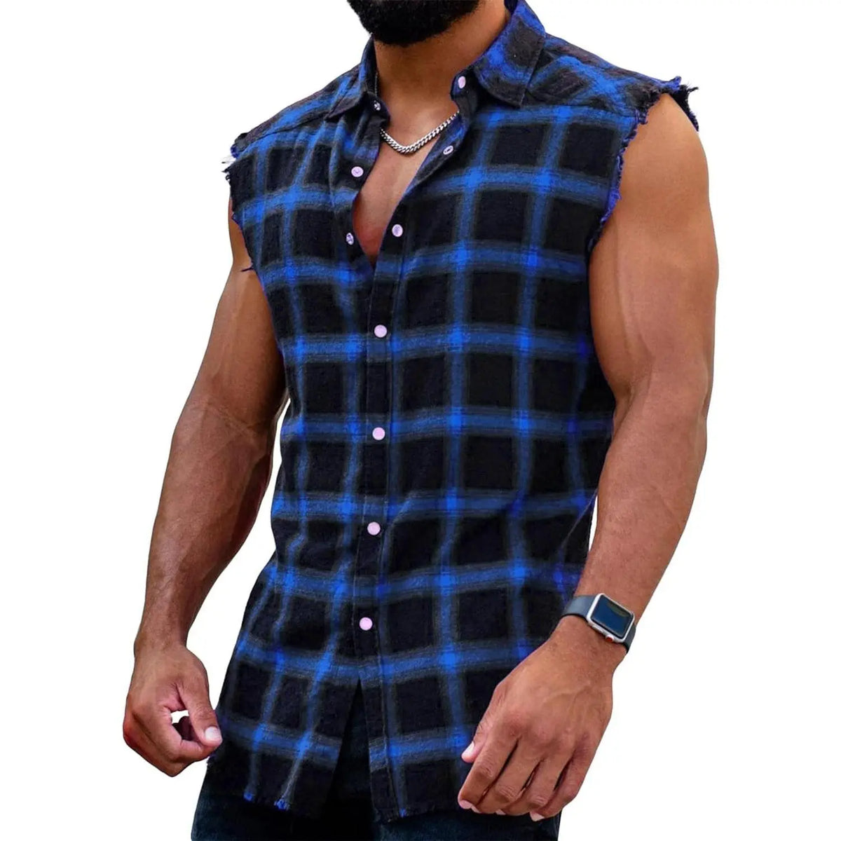 PASLTER Men's Cooler Sleeveless Checked Plaid Front Style Cotton Casual Fashion Shirt, Button-Down Cowboy Vest Top, Men's Clothing B1Y009,clothes for back to school,first day of school outfits