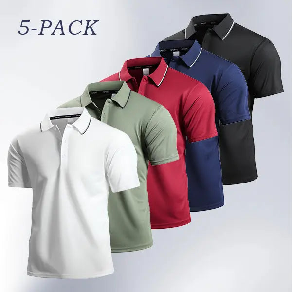 Men's 5-Pack Basic Fitted Solid Color Polo Shirts - Breathable Mesh Fabric, Contrasting Collar, Buttoned, Sporty Chic for Hot Weather Office & Athletic Activities