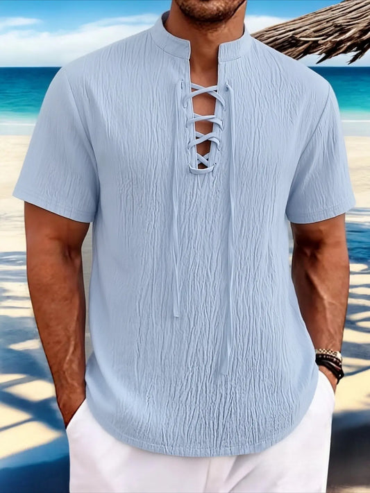 Men's Plain Linen Henley Shirt, V-Neck Tie Short Sleeve Loose Fit Casual Collared Stand Collar Top, Casual Summer Linen, Country Summer Shirt, Trendy Four Seasons Bestseller, Casual Henley Shirts