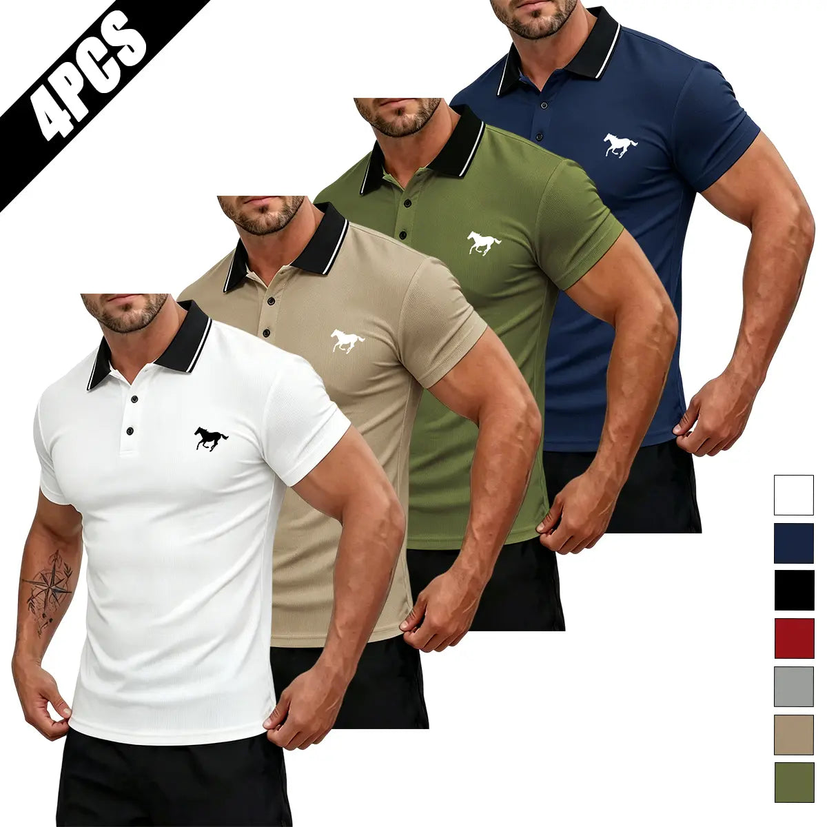 Men's Summer Short-Sleeve Horse Logo Graphic Mix Print Polo Shirt Multi-Pack - Stylish Mature Top for Casual Outings, Gifting, Horse Logo Graphic Polo Shirts, Mix Print Polo Shirts,back to school,back to school shopping