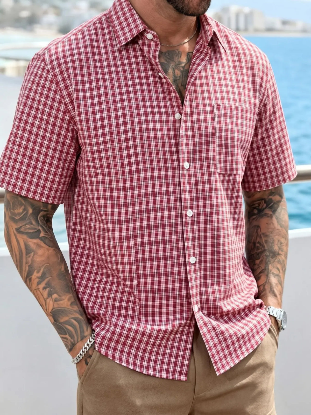 Men's Retro Classic Plaid Checked Short Sleeve Shirt, Casual Checkered Shirt, Casual Plain Cool Top, Versatile Fashionable Men's Clothing, Comfortable Daily Wear