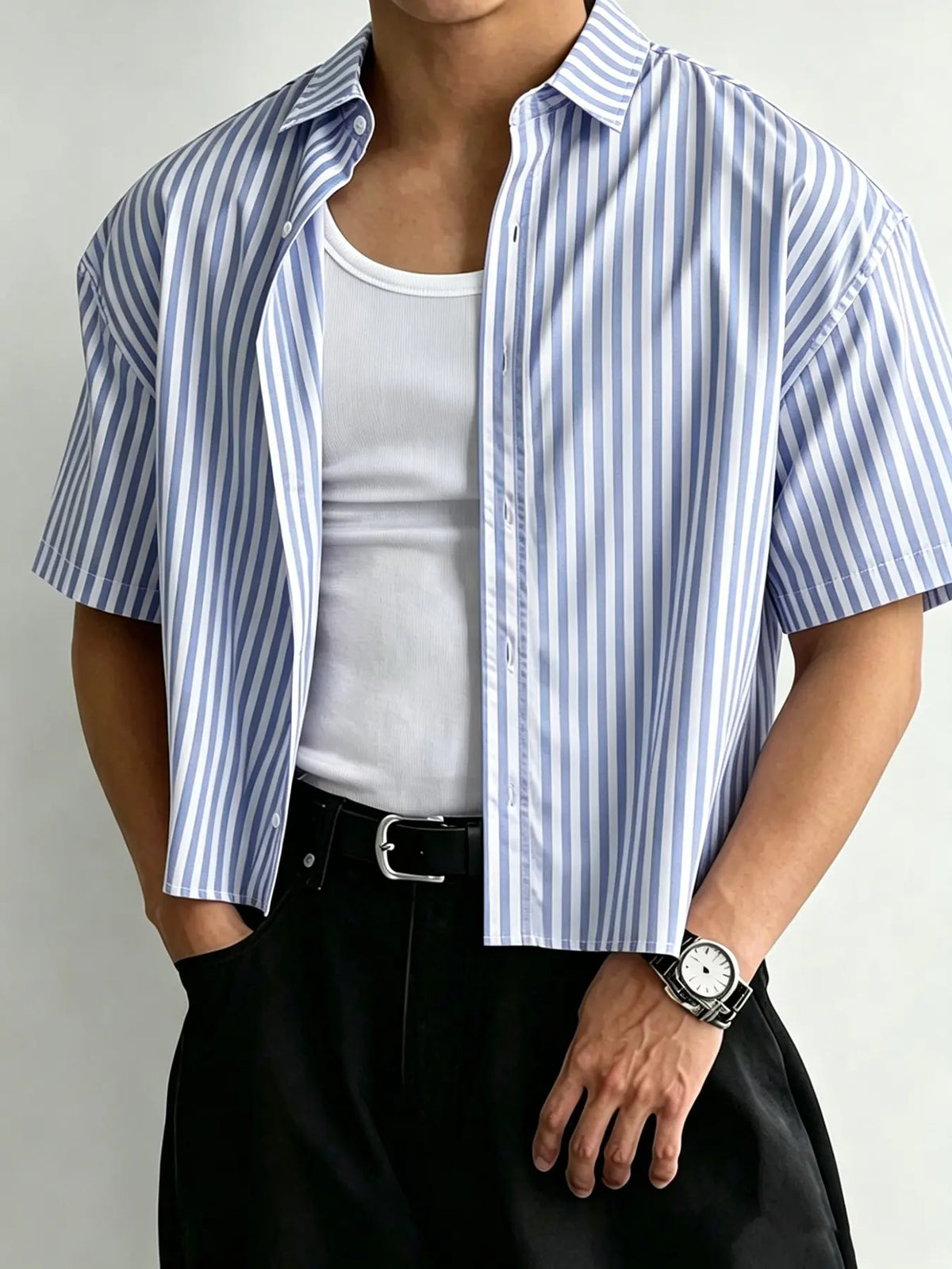 Men's Y2K pink striped short cropped short-sleeve shirt, casual loose lapel button-up top, Casual collared shirt, Classic Streetwear summer shirt, Casual Street Style, striped T-shirt for everyday wear, casual summer clothes, Menswear
