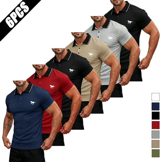Men's Summer Short-Sleeve Horse Logo Graphic Mix Print Polo Shirt Multi-Pack - Stylish Mature Top for Casual Outings, Gifting, Horse Logo Graphic Polo Shirts, Mix Print Polo Shirts,back to school,back to school shopping