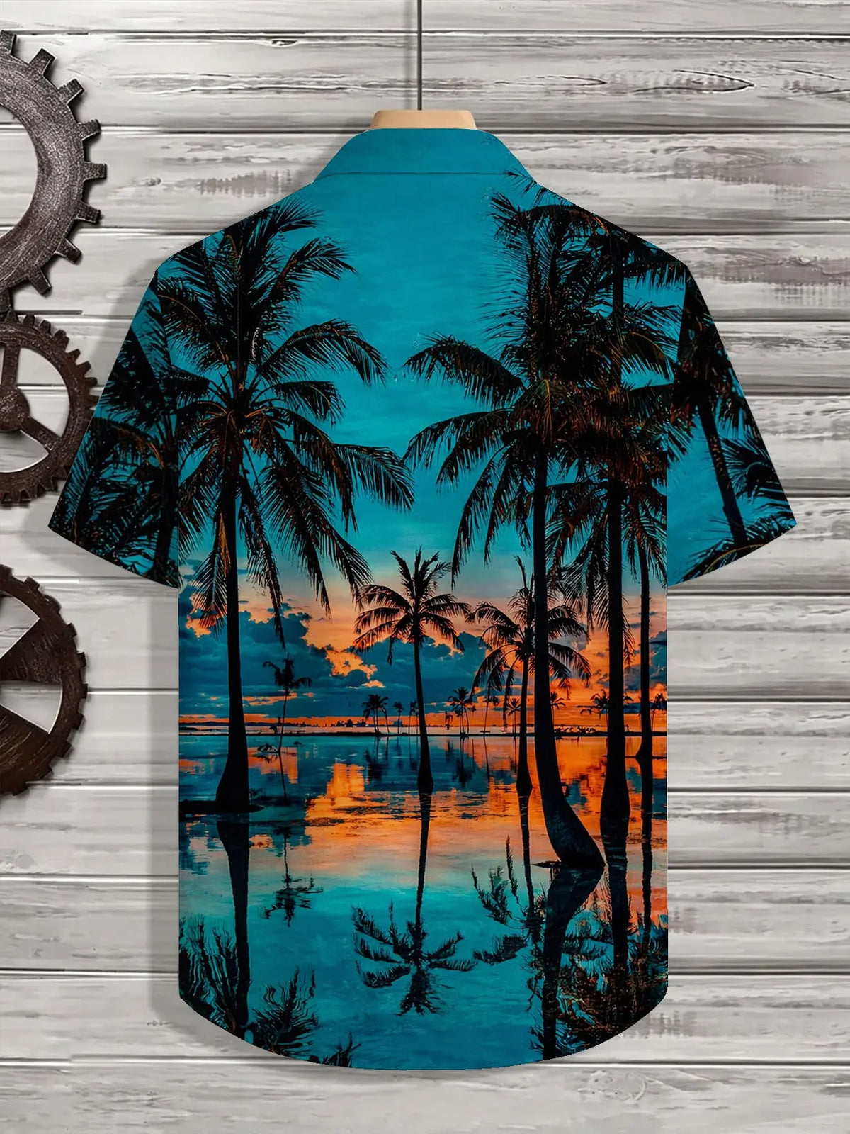 Men's Button-Down Hawaiian Collared Tropical Short-Sleeve Casual Graphic Shirt with Sunset, Coconut Grove, and Ocean View Print
