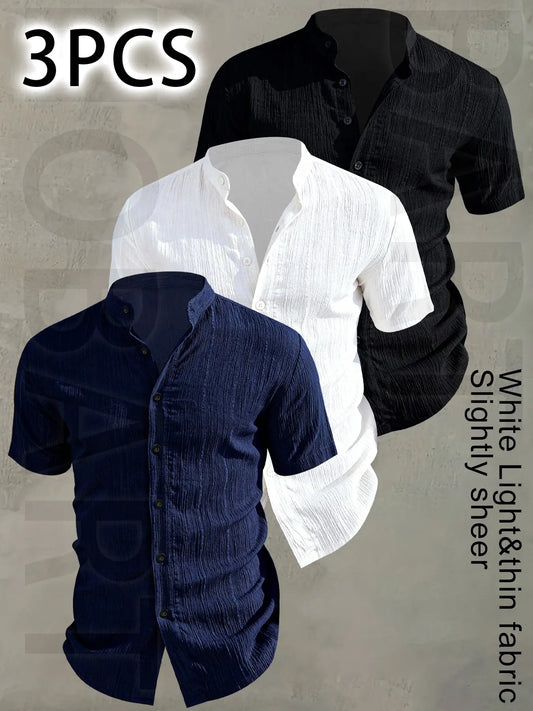 3pcs Set Men's Summer Short Sleeve - Lightweight Breathable Plain Color Button-Up Casual Shirt with Stand Collar, Low-cut collar designr Beach Vacation, Pool Party & Casual Attire, Beach Shirt, Collared Fitted Shirt, gift for husband