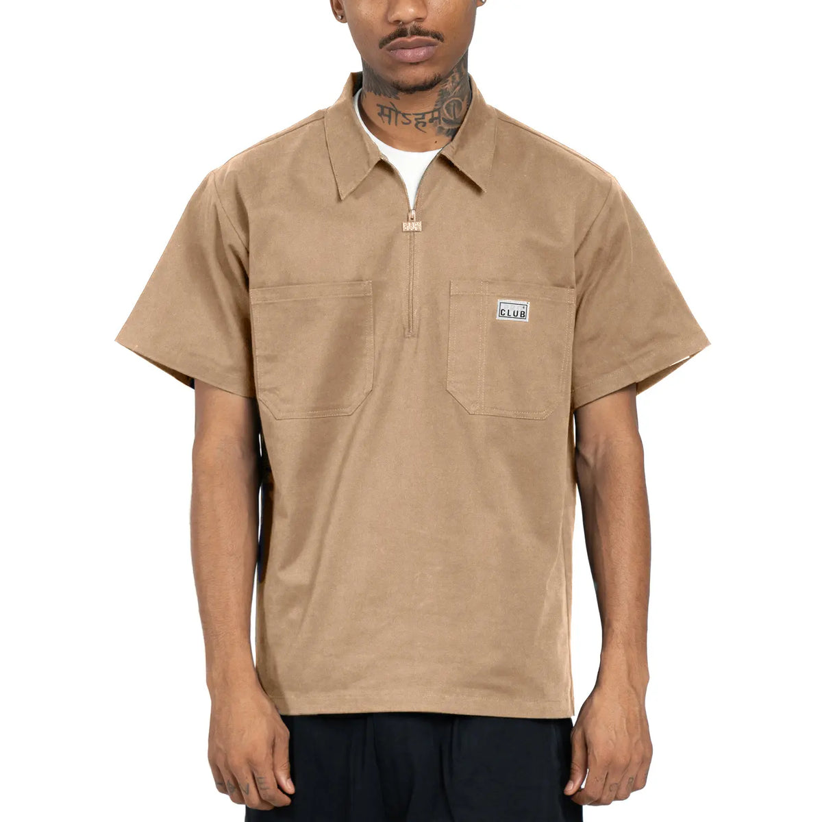 Pro Club Men's Short-Sleeve Half-Zip Classic Work Shirt - Heavyweight Cotton Spandex Stretch Twill Flex Fabric, Boxy Relaxed Fit Pullover, 2 Chest Pockets, Casual Utility Menswear Top, S-3XL, Cold Wash, Soft, All Seasons
