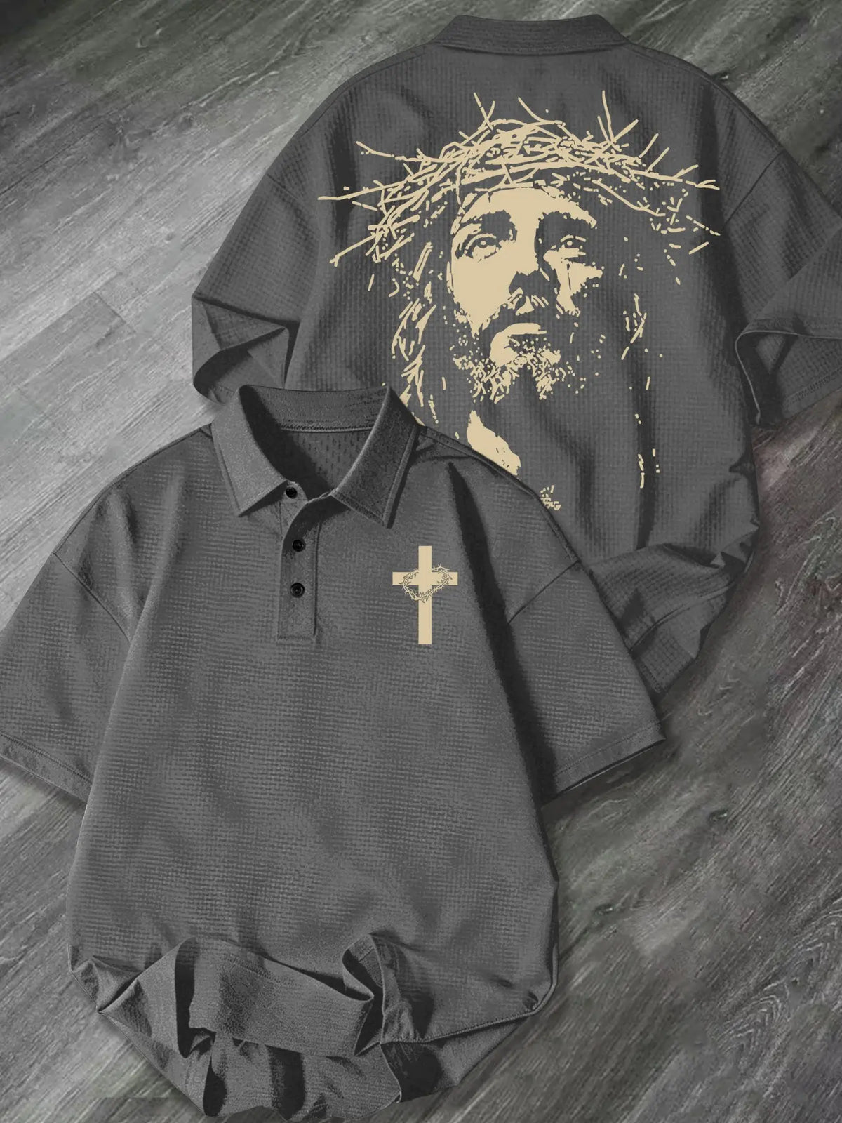 Mens Collared Waffle Knit Classic Streetwear Polo Shirt Thorn Crown Cross Portrait Graphic Chest & Back Print Faith Themed Casual Short Sleeve Top For Daily Church Urban Relaxed Leisure Outfit Printed Polo Shirts