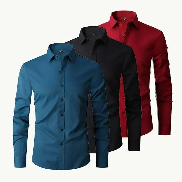 Men’s slim-fit long-sleeve button-up shirts, 3-pack — non-stretch, wrinkle-resistant, moisture-wicking, suitable for everyday wear