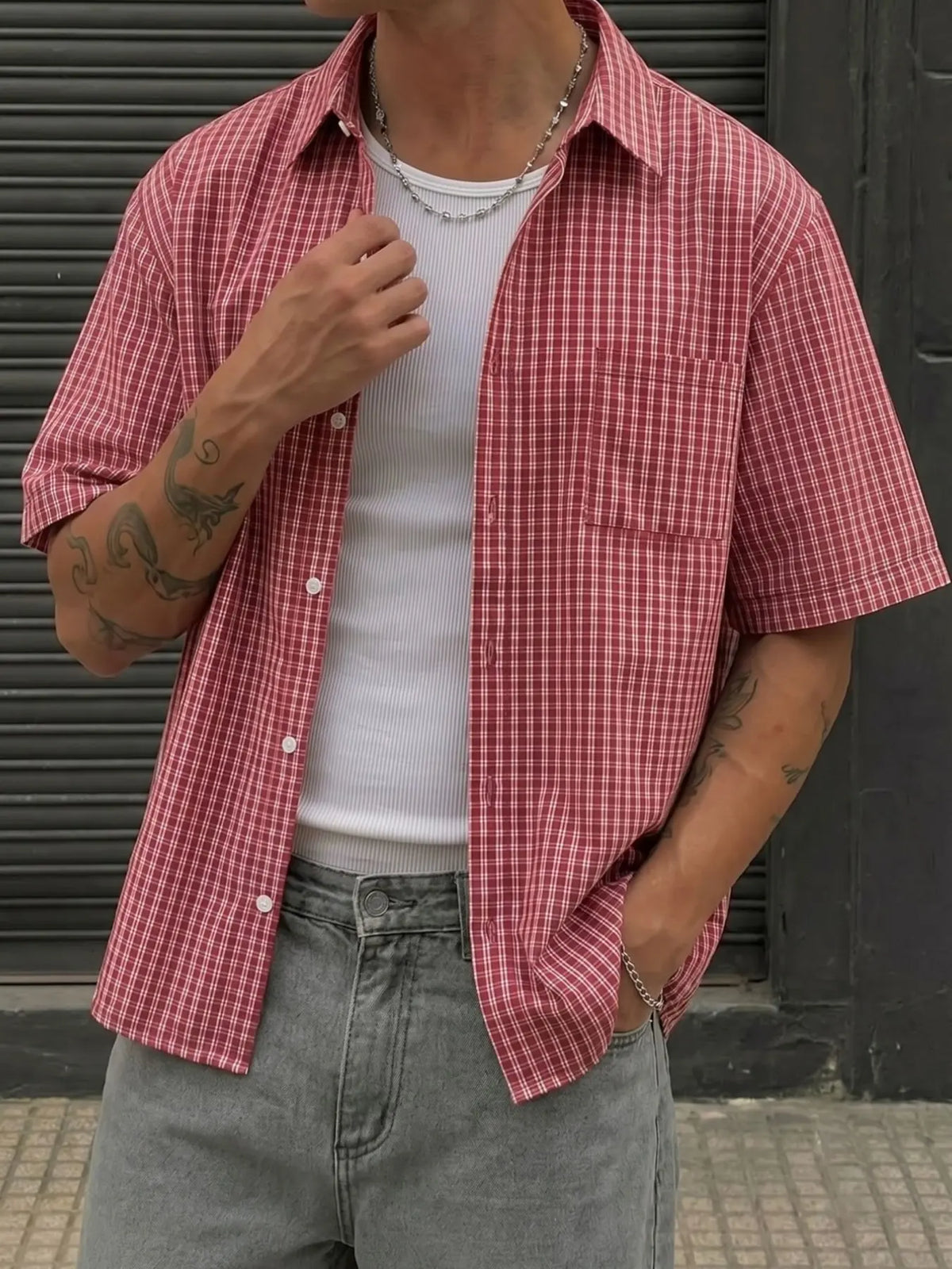 Men's Summer Plaid Gingham Checkered Loose Fit Short Sleeve Aesthetic Shirt, American Classic Vintage Casual Breathable Top, Ideal for Vacation, Daily Wear, Gift
