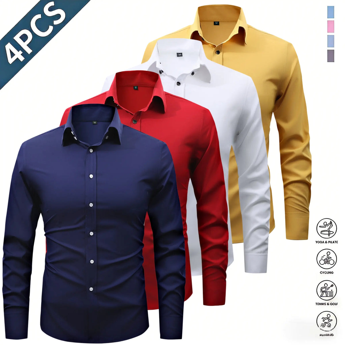 Men’s Solid-Color Long-Sleeve Shirts (4-Pack) - Fashion Apparel with Notched Lapel Collar, Comfortable Neck Button Placement, Sharp Structured Fit, Stretch Fabric, Mens Gifts for Fathers Day, 4 Shirts Refresh Your Rotation