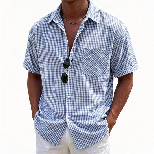 Men's Cotton Collared Neck Blue Checked Gingham Plaid Short-Sleeve Button-Down Tops - Oversized Loose Fit Menswear, Lightweight Breathable, Chest Pocket, Stylish Classical Man Style, Casual for Summer Beach Vacation