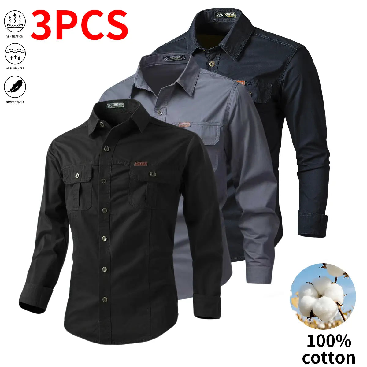 Set of three pure cotton long-sleeve work shirts for men: button-up work/utility tactical shirt for fishing and hunting; casual loose-fit long-sleeve button shirt with two pockets, suitable for outdoor hunting.