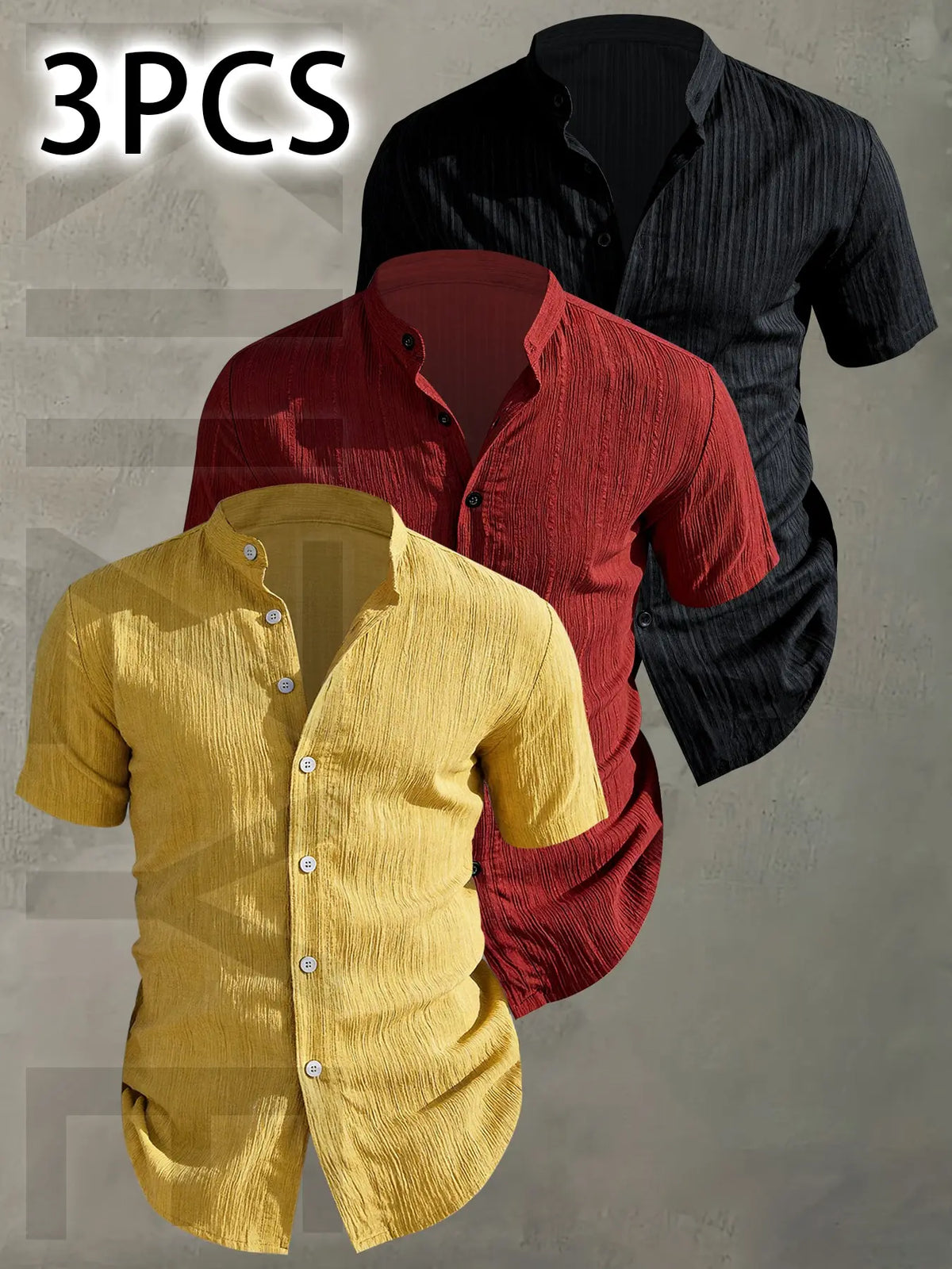 3pcs Set Men's Summer Short Sleeve - Lightweight Breathable Plain Color Button-Up Casual Shirt with Stand Collar, Low-cut collar designr Beach Vacation, Pool Party & Casual Attire, Beach Shirt, Collared Fitted Shirt, gift for husband