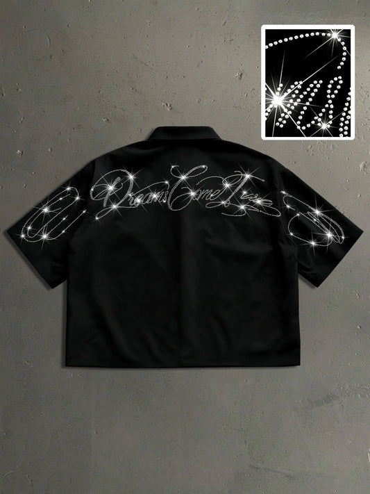 Men's Trendy Casual Short Sleeve Graphic Shirt, Rhinestone Floral Design, Comfortable Fabric, Perfect for Daily Wear, Campus Style, American Streetwear, Casual Streetwear Top, Dates, Casual Summer Clothes