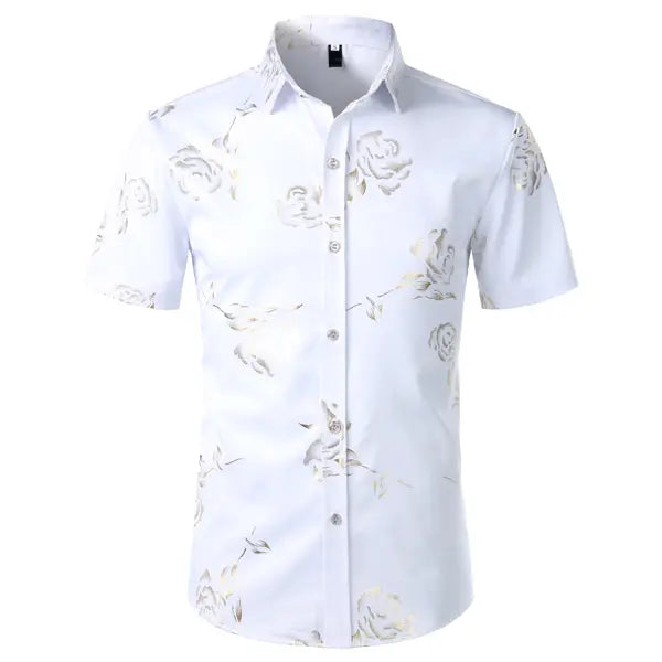 ZEROYAA Mens Hipster Gold Rose Printed Slim Fit Short Sleeve Button Down Dress Shirts Casual Summer Style Casual Fashion,back to school,back to school shopping