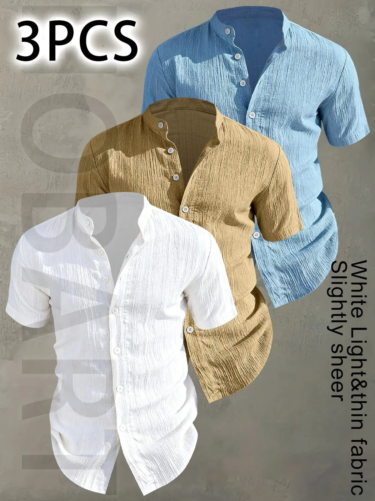 3pcs Set Men's Summer Short Sleeve - Lightweight Breathable Plain Color Button-Up Casual Shirt with Stand Collar, Low-cut collar designr Beach Vacation, Pool Party & Casual Attire, Beach Shirt, Collared Fitted Shirt, gift for husband