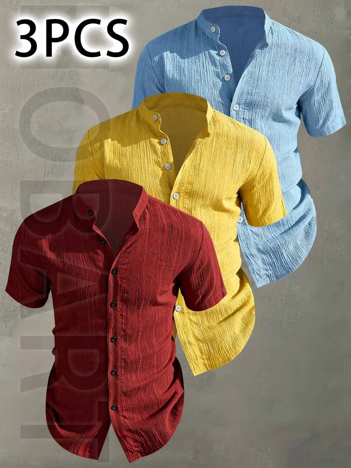 3pcs Set Men's Summer Short Sleeve - Lightweight Breathable Plain Color Button-Up Casual Shirt with Stand Collar, Low-cut collar designr Beach Vacation, Pool Party & Casual Attire, Beach Shirt, Collared Fitted Shirt, gift for husband