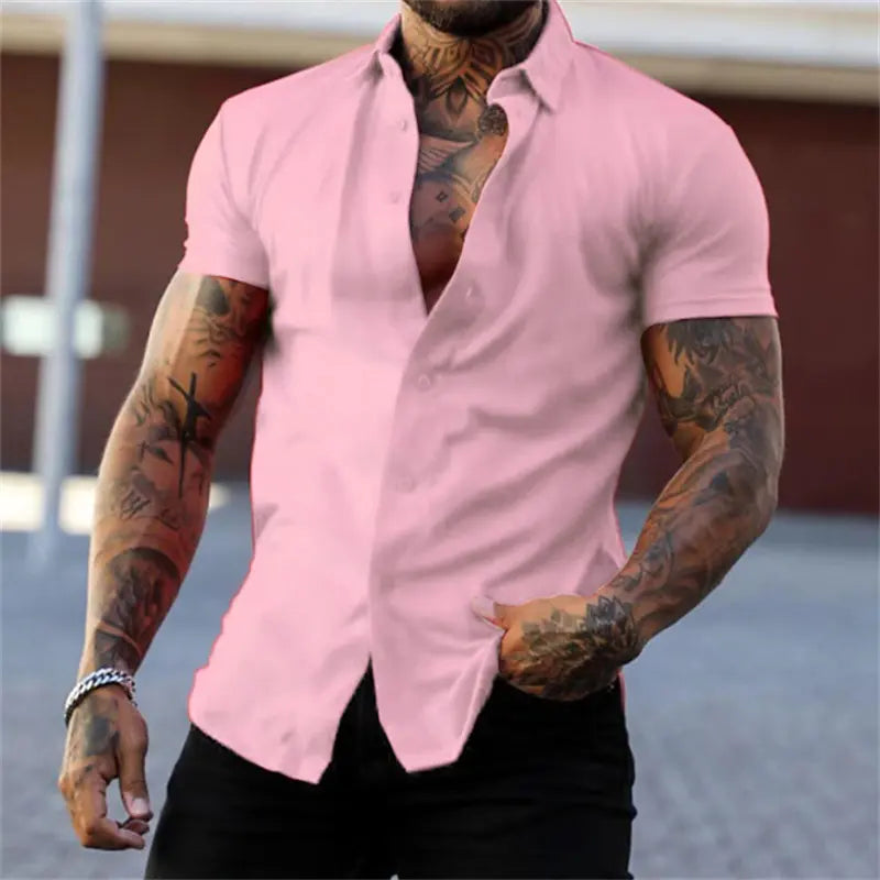 Men's Muscle Fit Short-Sleeve Collared Neck Dress Shirt - Plain, Wrinkle-Free Retro Tribal Button-Down Top, Casual Menswear Cardigan-Inspired Shirt