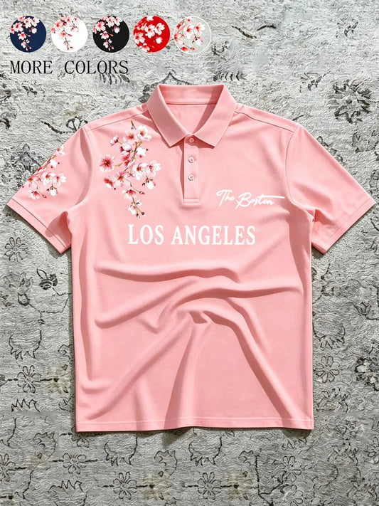 Men's Short Sleeve Polo Shirt, Los Angeles Cherry Blossom Floral Print, American Streetwear Style, for Everyday & Casual Wear