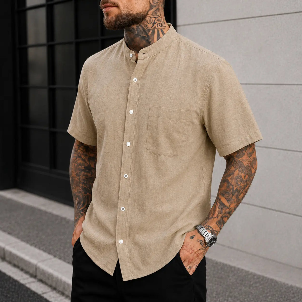 Men's Linen Blend Short Sleeve Button Down Shirt, Mandarin Collar, Lightweight Breathable Tops for Summer Beach, Menswear Plain Stylish Pocket Shirt