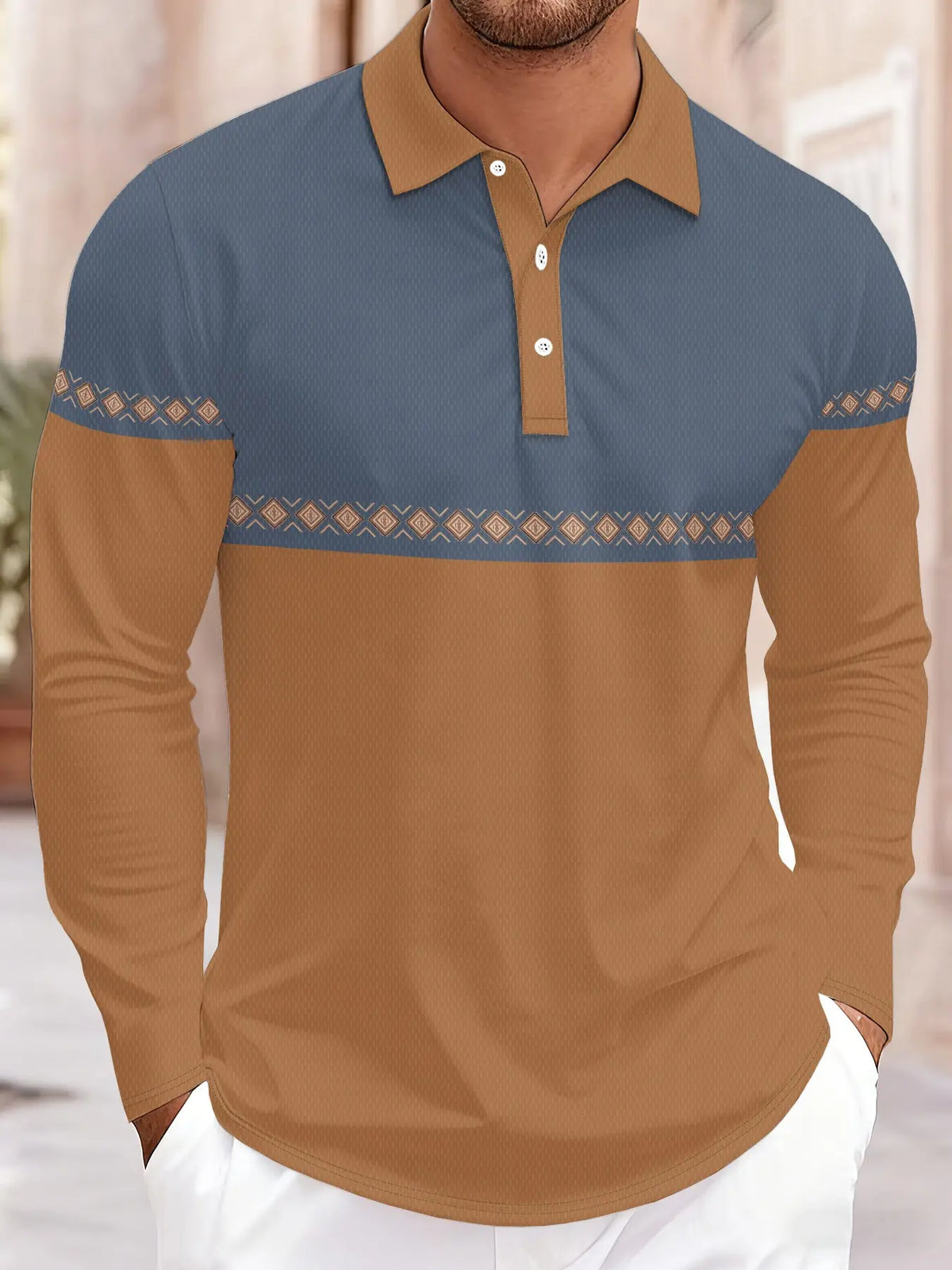 Men's Long Sleeve Knitted Polo Shirt, Casual Polo Shirts, Colorblock Knitwear, Casual Fashion Top, Trendy Contrast Design, Slim-Fitting, All Seasons