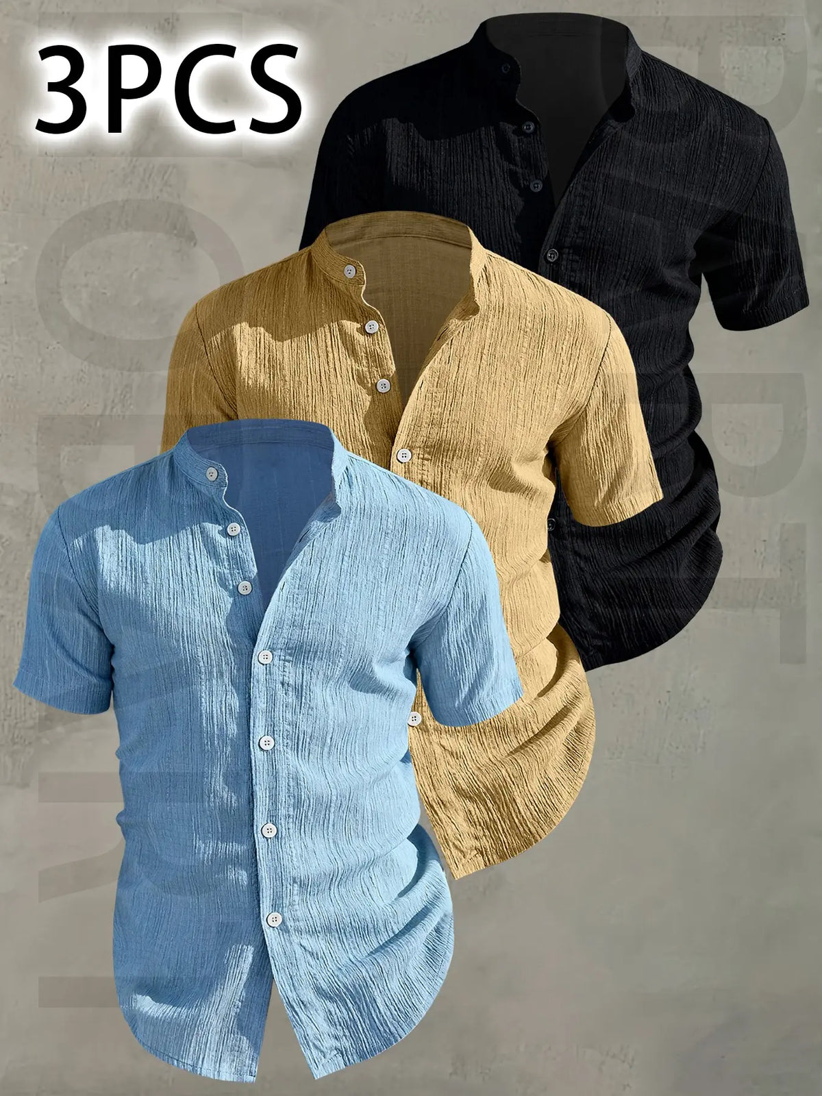 3pcs Set Men's Summer Short Sleeve - Lightweight Breathable Plain Color Button-Up Casual Shirt with Stand Collar, Low-cut collar designr Beach Vacation, Pool Party & Casual Attire, Beach Shirt, Collared Fitted Shirt, gift for husband